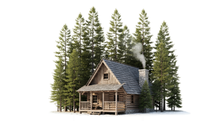 Cozy Wooden Cabin in Winter Forest with Smoke and Evergreen Trees