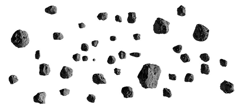 Asteroids or meteorites on white. Asteroid belt or stones or meteorites isolated on white. Swarm of asteroids or space debris. Stones, rocks floating in the air isolated on white background.  - Powered by Adobe