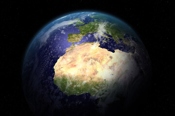 Planet Earth  from space. Africa and Europe aerial view. World map at day, satellite image.