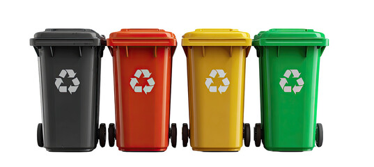 Four colored recycling bins