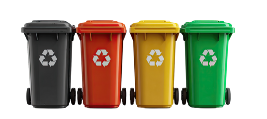 Four colored recycling bins