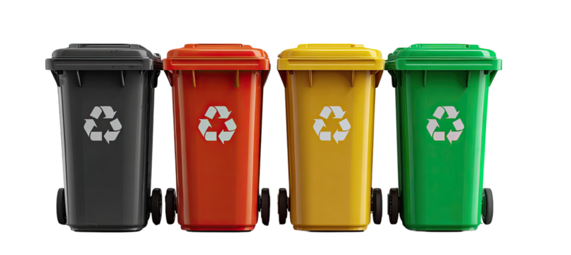Four colored recycling bins