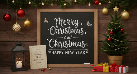 Merry Christmas and happy New Year, postcard with wooden wall, Christmas tree branches, garland, chalk board with lettering, old lantern and Christmas tree in a pot with gifts