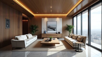 Fototapeta premium Modern living room interior design with panoramic city views.