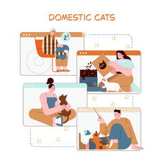 Domestic Cats and Human Interaction Vector Illustration