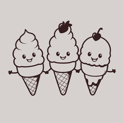 Three smiling ice cream characters dancing kawaii