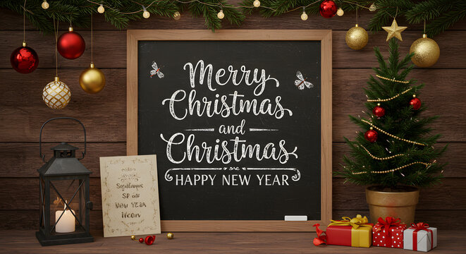 Merry Christmas and happy New Year, postcard with wooden wall, Christmas tree branches, garland, chalk board with lettering, old lantern and Christmas tree in a pot with gifts - Powered by Adobe
