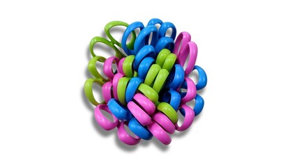 Top view of a bundle of colorful safety scissors with plastic handles in pink, blue, and green, arranged together on a white background.