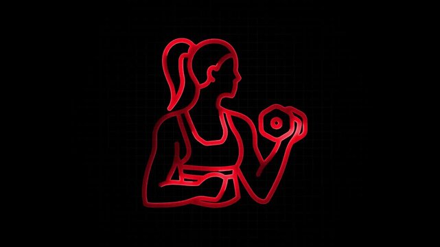 Neon Red Line Woman Exercising with Dumbbell Fitness Black Background workout exercise