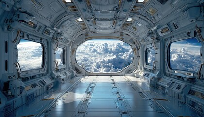 Futuristic spaceship interior with large windows showcasing a cloudy Earth vista