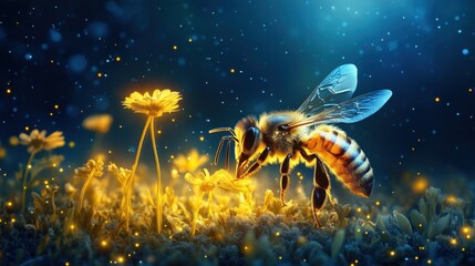 Naklejka premium Bee hovering near a glowing magical flower in enchanting forest nature photography dreamlike atmosphere