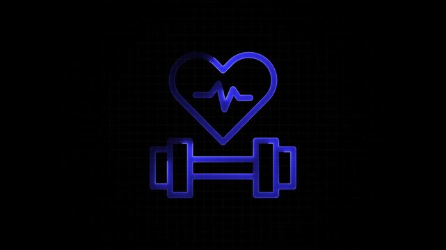 Heart Rate Fitness Concept with Dumbbell and Heartbeat Line Inside Heart Shape on Black Background with Blue Neon Outline