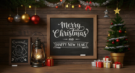 Merry Christmas and happy New Year, postcard with wooden wall, Christmas tree branches, garland, chalk board with lettering, old lantern and Christmas tree in a pot with gifts