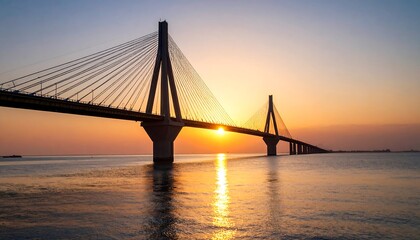 Sunrise over a modern cable-stayed bridge
