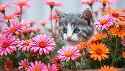 Gray and white kitten peeking from pink and orange daisy-filled pot,  colorful,  peek