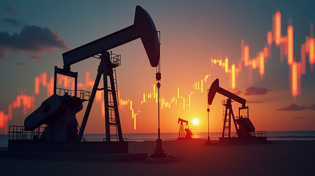 Oil drilling rigs at dusk with glowing financial graphs - Powered by Adobe