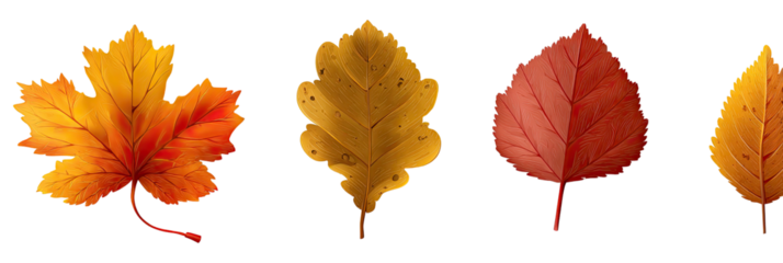 Four colorful autumn leaves against a transparent background
