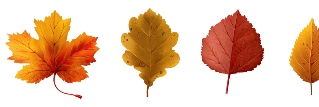 Four colorful autumn leaves against a transparent background