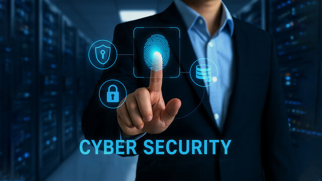 cybersecurity concept with fingerprint authentication, digital lock icons and secure server background