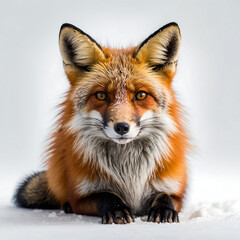 Obraz premium A captivating red fox rests peacefully on the snowy ground, isolated on white background