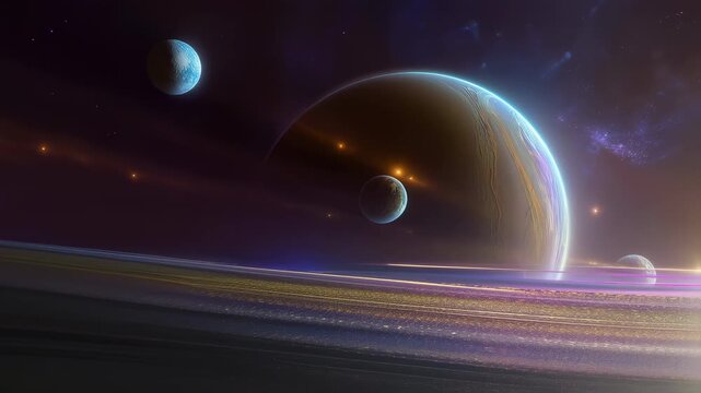 Sunrise over multiple planets in deep space with glowing light rays, colorful cosmic clouds, and distant stars &mdash; breathtaking interplanetary view of the universe and celestial beauty