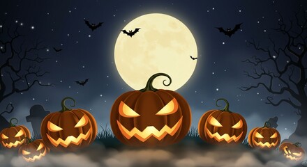 Halloween pumpkins graveyard night moon