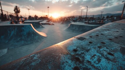 A vibrant sunset casts a warm glow over a skate park, highlighting the textured ramps and a lively atmosphere filled with skaters.