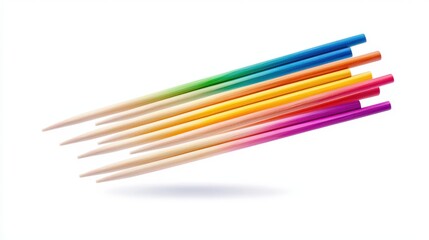 Fototapeta premium Visually striking freeze motion shot of flying wooden rods, crisp details, bold multicolored finish, balanced layout, white advertising background with open space.