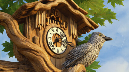 A rough stone cuckoo bird peeking from a tree-trunk shaped like an old carved clock illustration. Ai generated.