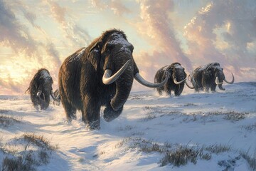 Mammoths and mastodons moving across windswept snow