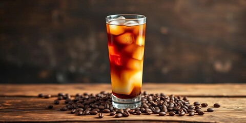Refreshing iced coffee in tall glass, coffee beans scattered on rustic wood Dark background,  refreshing,  summer