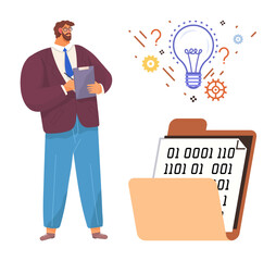 Businessman holding clipboard beside binary code folder and idea lightbulb illustration. Ideal for data analysis, innovation, technology concepts, research, brainstorming, problem-solving, simple