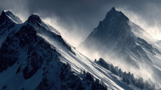 Dramatic, snowy mountain peaks shrouded in windblown mist - Powered by Adobe