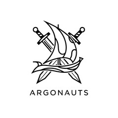 Abstract Argonauts Logo Featuring Crossed Swords and a Stylized Ship Sail, Clean Black Lines