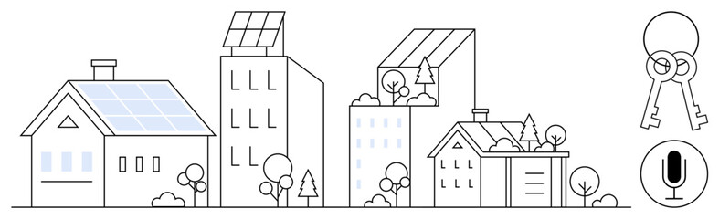 Residential and urban buildings with solar panels, greenery, and smart elements thumbs up microphone and keys. Ideal for sustainability, technology, real estate, eco-living, renewable energy, urban