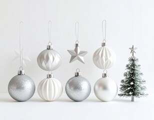 Minimalist Christmas tree ornaments in silver and white, clean Scandinavian style, simple elegant design, soft natural lighting, realistic high-resolution photo