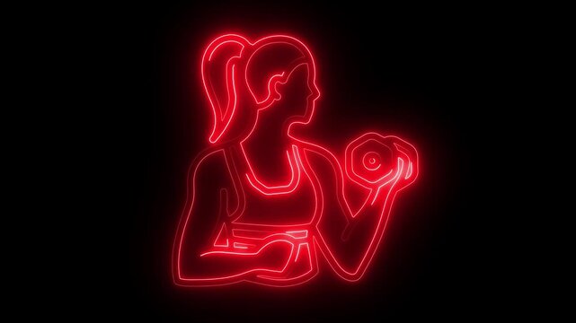 Red Neon Woman Exercising with Dumbbell Fitness exercise