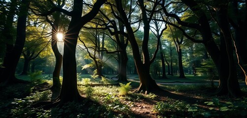 Sunlight dappled forest floor, ancient trees, lush undergrowth,  digital art,  contrast