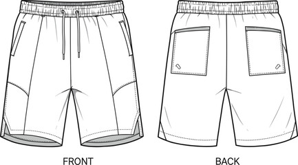 Versatile athletic shorts design, front and back view, detailed CAD drawing, perfect for sportswear, fashion illustration, technical sketch