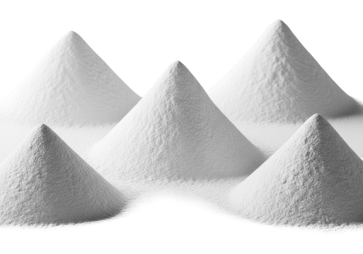 Multiple soft organic mounds of fine white powder resembling pristine snowdrifts or sifted sugar, on a seamless brightly lit transparent background with no shadows, purity concept
