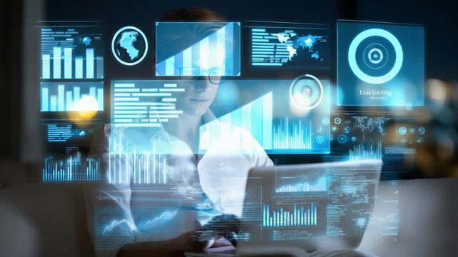 Digital marketing professional reviewing analytics dashboards with colorful infographics. Analytical and modern scene ideal for marketing, data analysis, business, and technology content