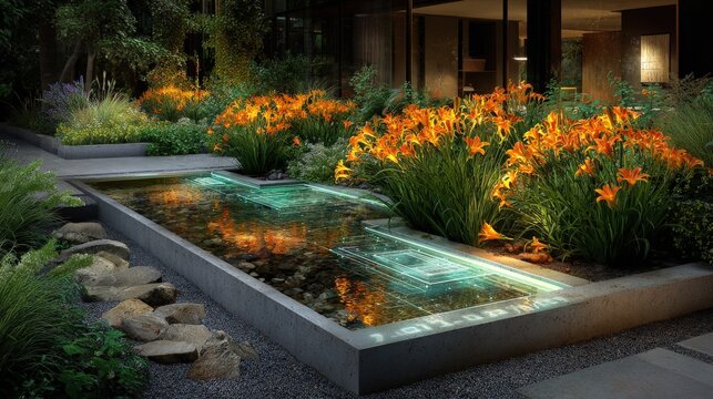Vibrant rain garden with orange daylilies by a reflecting pool