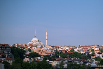 The skyline of Istanbul, Turkey, with a prominant Mosque and tall minarets reaching for the heavens