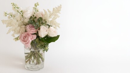 Obraz premium A clear glass vase holds a bouquet of pink roses, cream blossoms, baby's breath,
