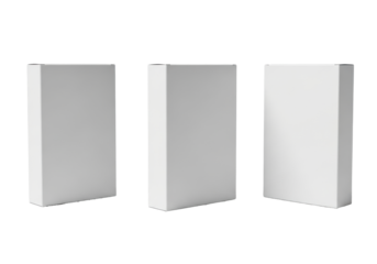 Three pristine, blank white rectangular cardboard product packaging mockups with a smooth matte finish, positioned at distinct angles on a seamless transparent background with subtle soft shadows and