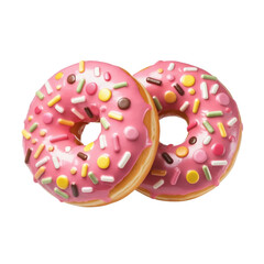 Two pink donuts with colorful sprinkles on transparent background