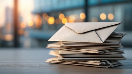 A stack of elegant envelopes rests on a wooden surface, with a blurred background of soft lights, creating a warm and inviting atmosphere.