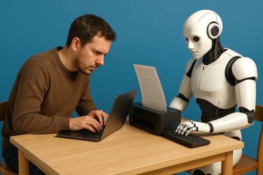 Human and robot collaborate at a desk on creative tasks in a modern workspace - Powered by Adobe