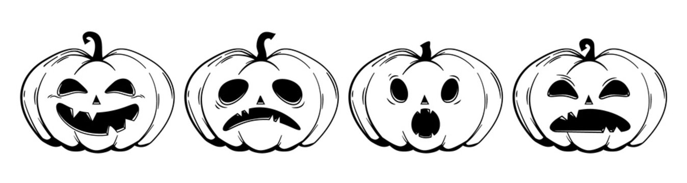Collection of funny Halloween pumpkins with various emotions - happy, sad, amazed and angry.  Jack o'lanterns, sketch style. Illustration on transparent background