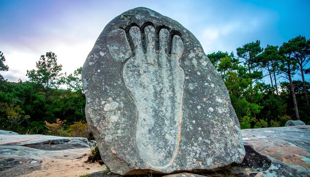Carved handprint on a large rock outdoors